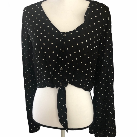Cute Black and White Polka Dot Tie Front Crop Top - Picture 1 of 4